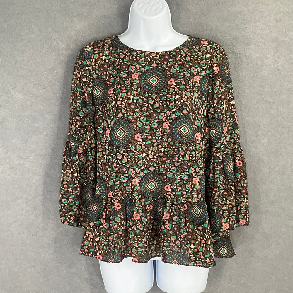 J. Crew Top Women's Sz XXS Bell Sleeve Peplum Blouse Geometric Floral Print